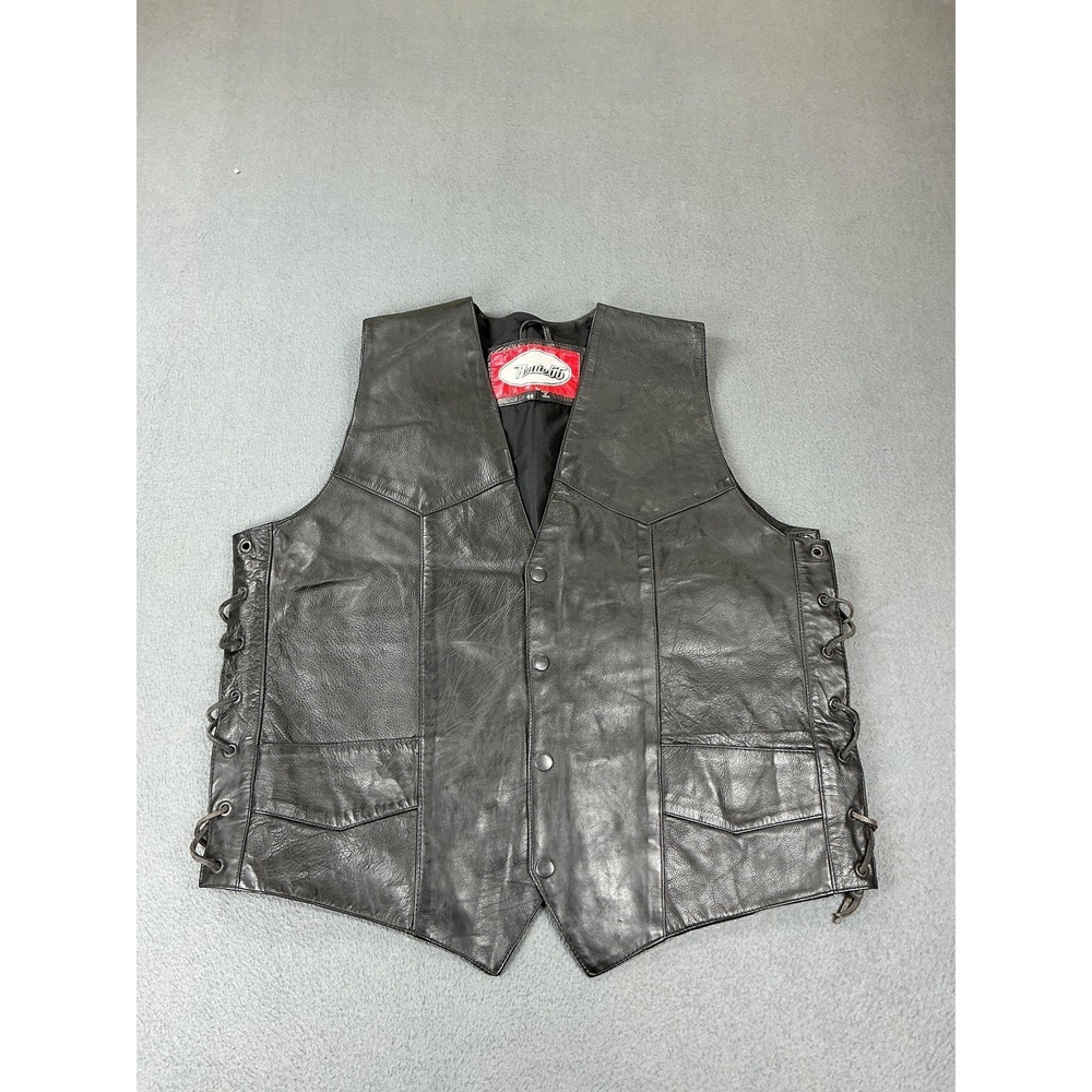 Route 66 Vest Mens 44 Black Leather Lace Up Side Biker Motorcycle Snap Front